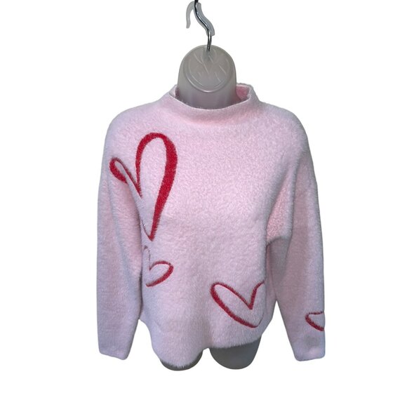 Rachel Zoe Pink Pullover Sweater With Red Hearts Print Mock Neck Womens Medium S - Picture 7 of 8